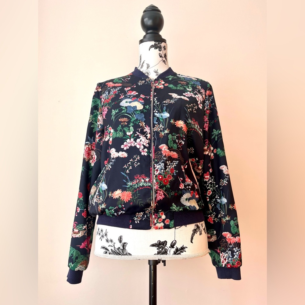Belle Vere Navy Blue Floral Satin Bomber Jacket XS